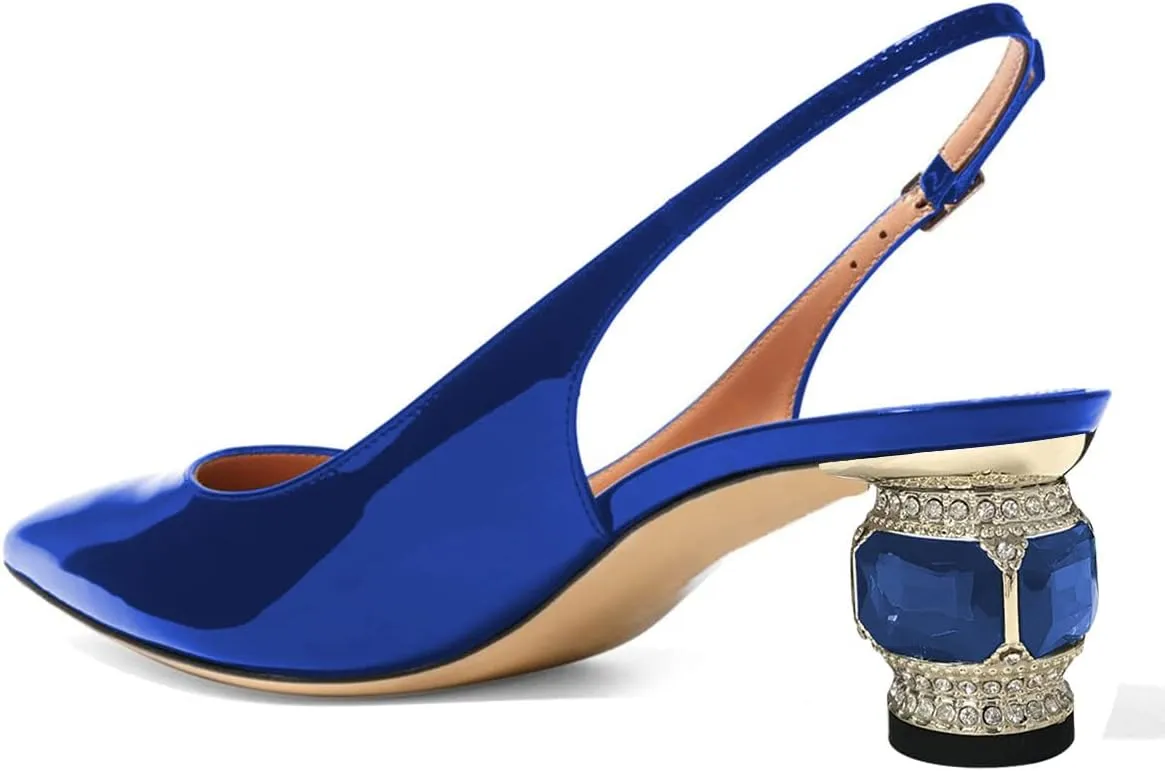 FSJ Women Pointed Toe Slingback Wedding Pumps Chunky Low Heel Rhinestone Sandals Crystal Heeled Dress Shoes Size 4-15 M US