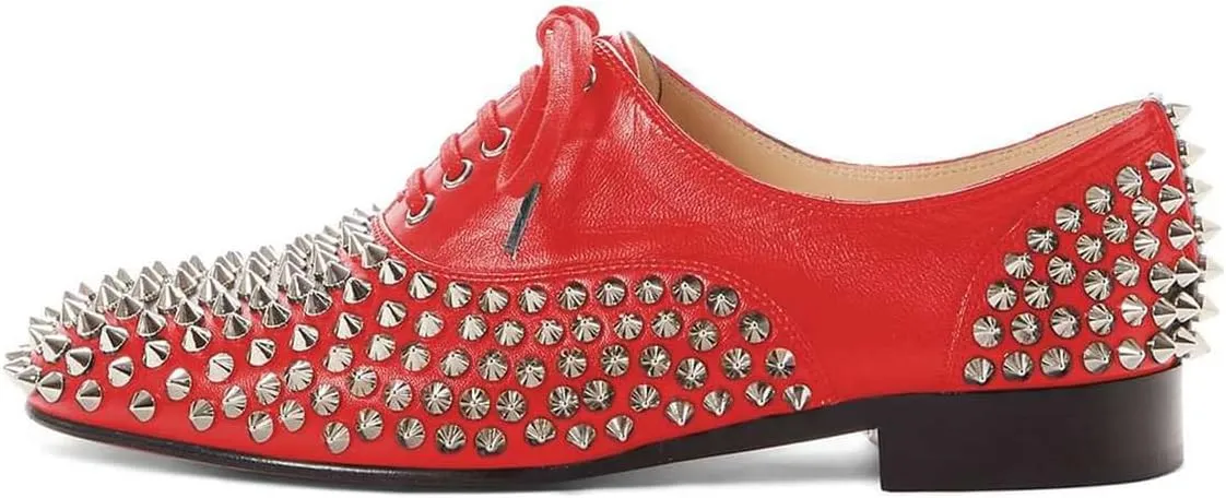 FSJ Women Spike Low Chunky Heel Oxford Shoes Studded Rivets Round Toe Comfortable Brogues Lace up Casual Unisex Dress Pump Shoes Size 4-16 US