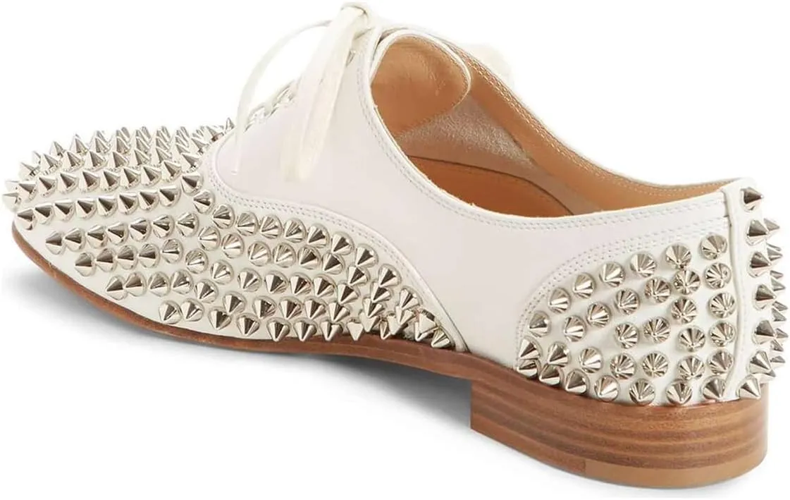 FSJ Women Spike Low Chunky Heel Oxford Shoes Studded Rivets Round Toe Comfortable Brogues Lace up Casual Unisex Dress Pump Shoes Size 4-16 US