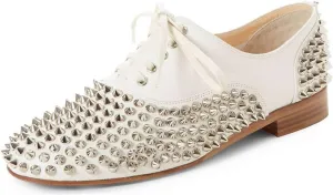 FSJ Women Spike Low Chunky Heel Oxford Shoes Studded Rivets Round Toe Comfortable Brogues Lace up Casual Unisex Dress Pump Shoes Size 4-16 US
