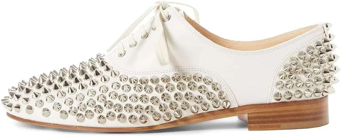 FSJ Women Spike Low Chunky Heel Oxford Shoes Studded Rivets Round Toe Comfortable Brogues Lace up Casual Unisex Dress Pump Shoes Size 4-16 US