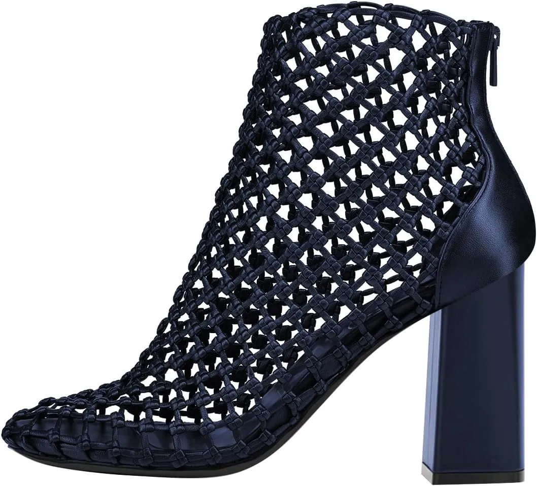 FSJ Women Woven Ankle Boots Chunky Block Heels Back Zip Comfortable Heeled Sandals Chic Booties Casual Party Wear Shoes Size 4-16 US
