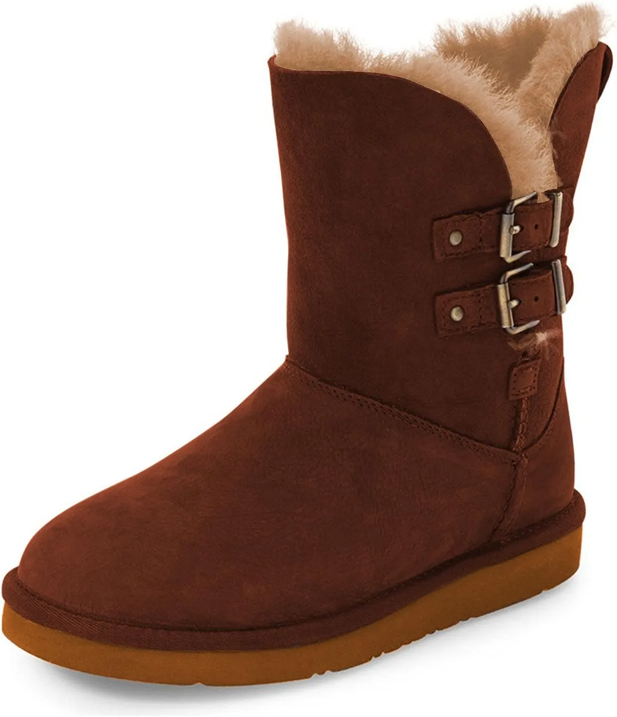 FSJ Women's Mid Calf Fully Fur Lined Winter Snow Boot with Chic Buckles Flat Shoe 4-15 US