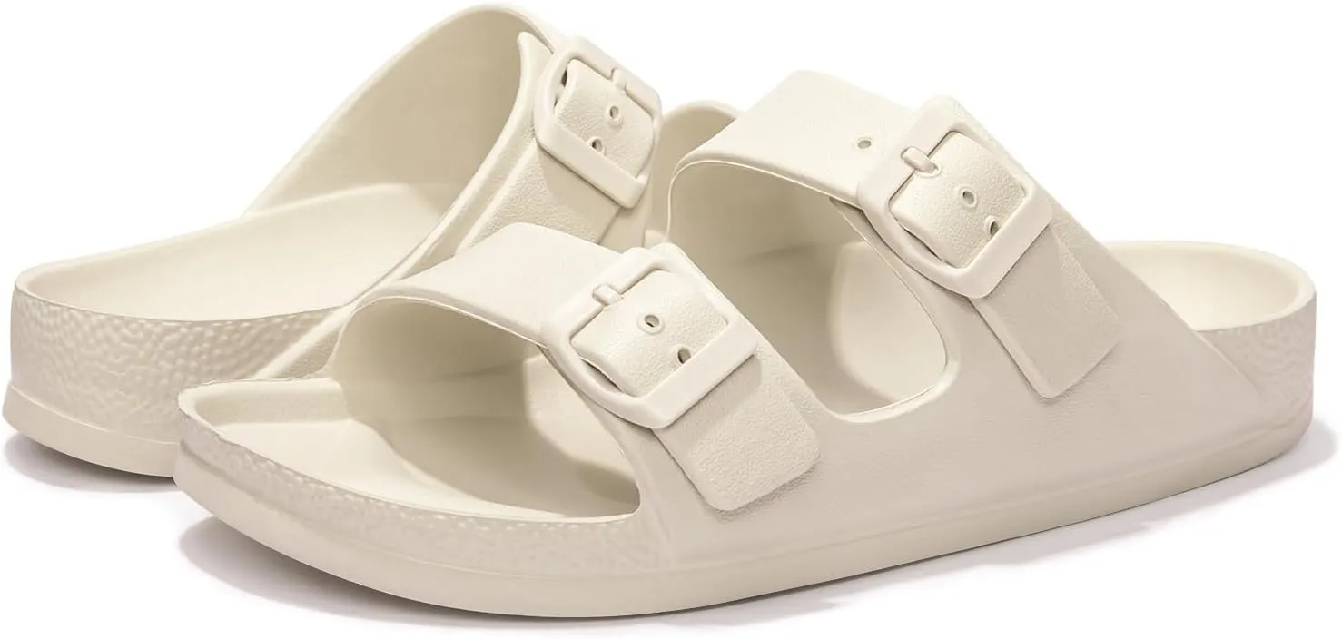 FUNKYMONKEY Women's Comfort Slides Double Buckle Adjustable Plastics Flat Sandals