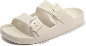 FUNKYMONKEY Women's Comfort Slides Double Buckle Adjustable Plastics Flat Sandals
