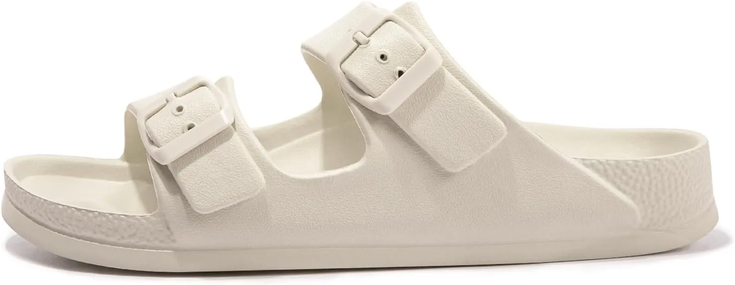 FUNKYMONKEY Women's Comfort Slides Double Buckle Adjustable Plastics Flat Sandals