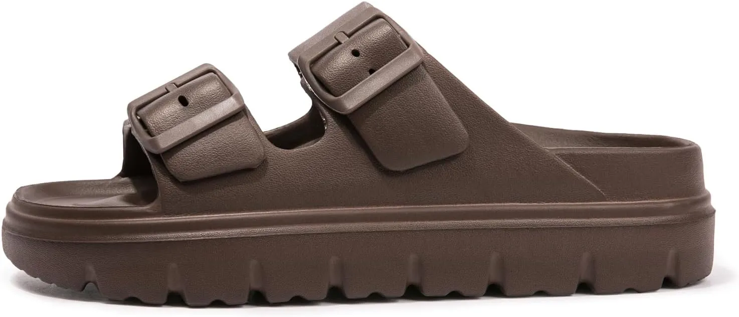 FUNKYMONKEY Women's Comfort Slides Double Buckle Adjustable Plastics Flat Sandals