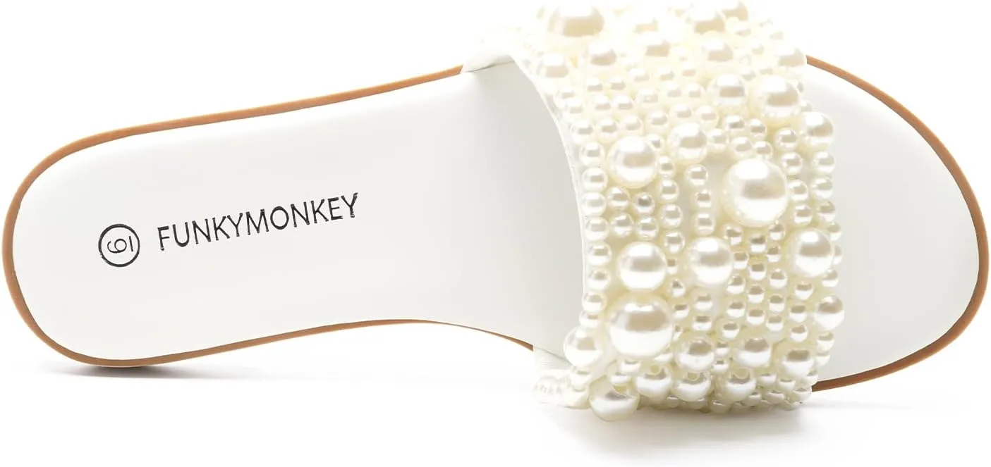 FUNKYMONKEY Women's Pearls Flat Sandals Slip-on Open Toe Dressy Summer Beach Casual Slide