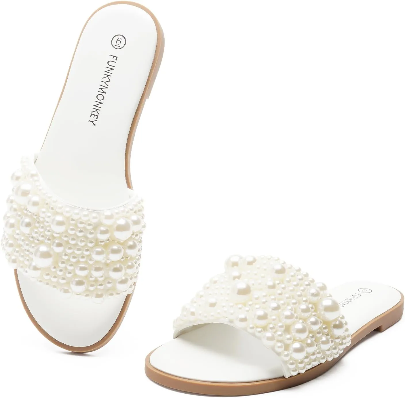 FUNKYMONKEY Women's Pearls Flat Sandals Slip-on Open Toe Dressy Summer Beach Casual Slide