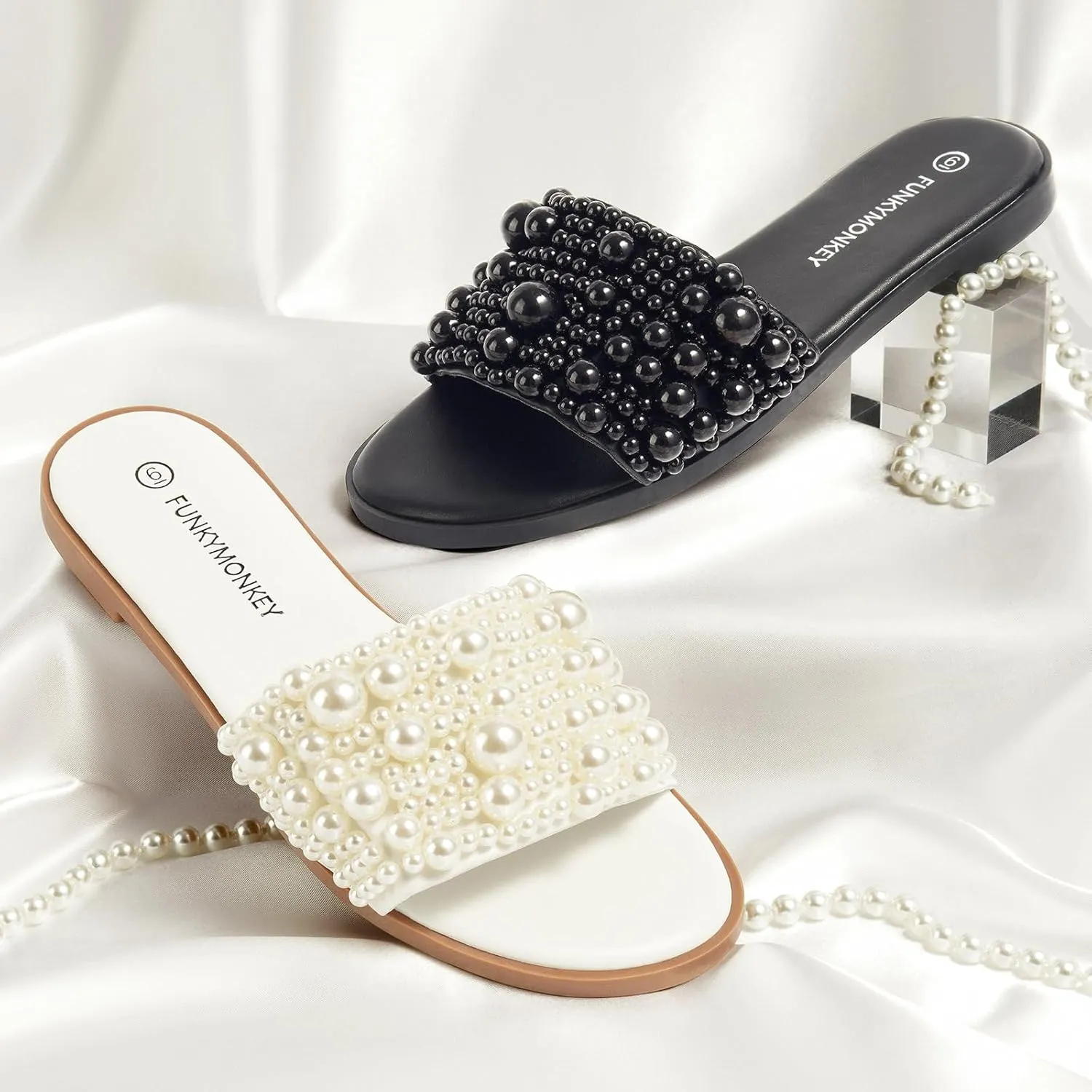 FUNKYMONKEY Women's Pearls Flat Sandals Slip-on Open Toe Dressy Summer Beach Casual Slide
