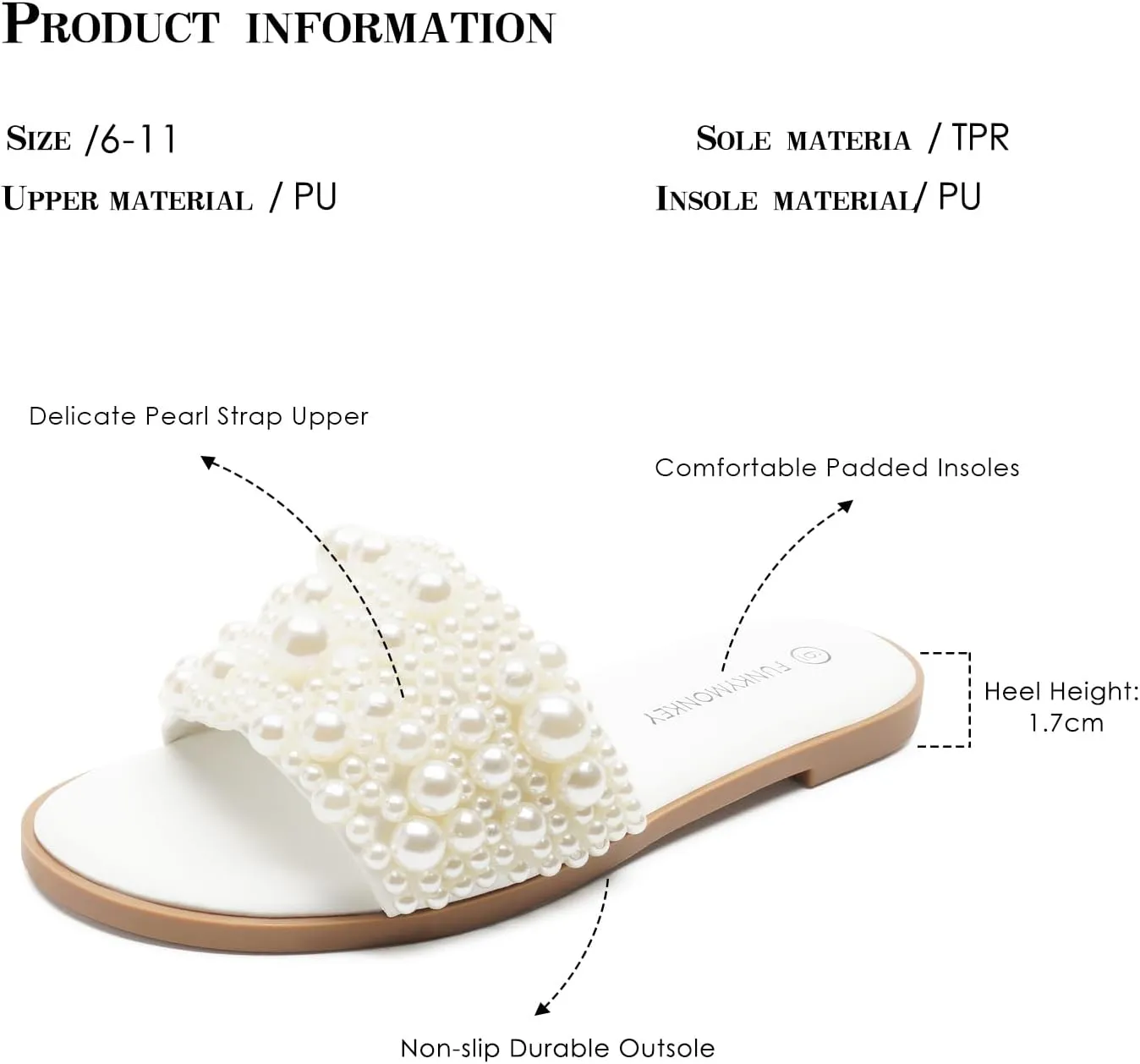 FUNKYMONKEY Women's Pearls Flat Sandals Slip-on Open Toe Dressy Summer Beach Casual Slide