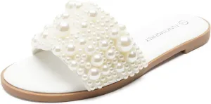FUNKYMONKEY Women's Pearls Flat Sandals Slip-on Open Toe Dressy Summer Beach Casual Slide