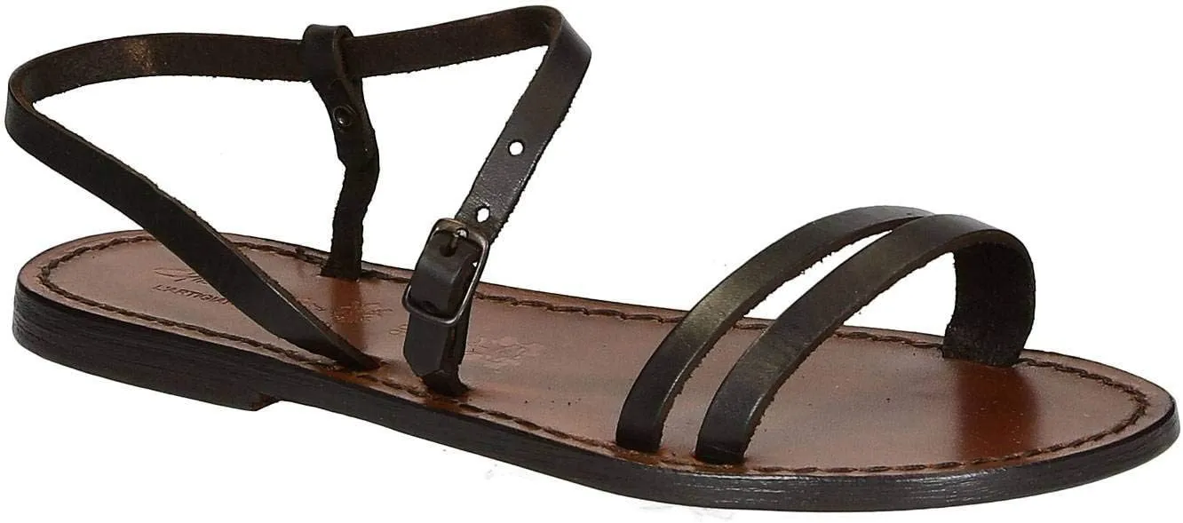 Gianluca - L'artigiano del cuoio Handmade Dark Brown Flat Sandals for Women