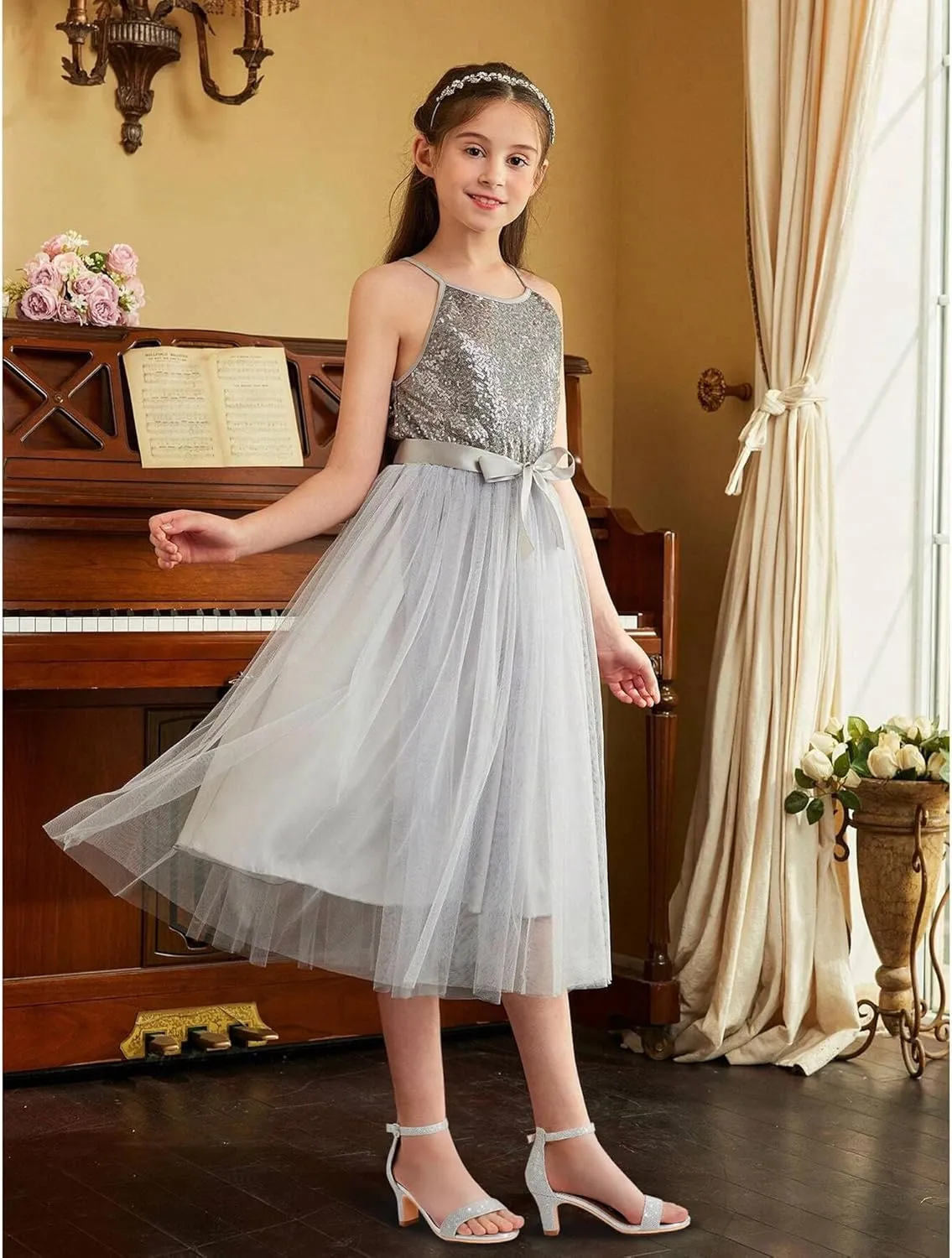 Girls Heel Sandals Open Toe Ankle Strap Flower Girl Dress Pump Sandals Wedding Party for Little Big Kid