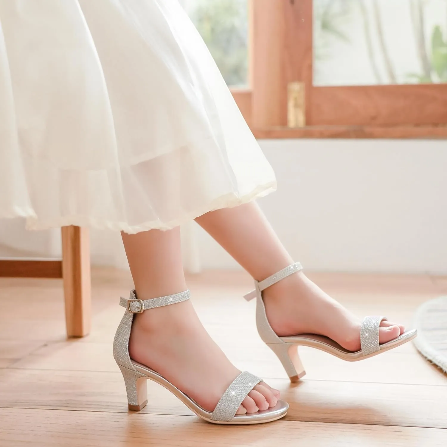 Girls Heel Sandals Open Toe Ankle Strap Flower Girl Dress Pump Sandals Wedding Party for Little Big Kid