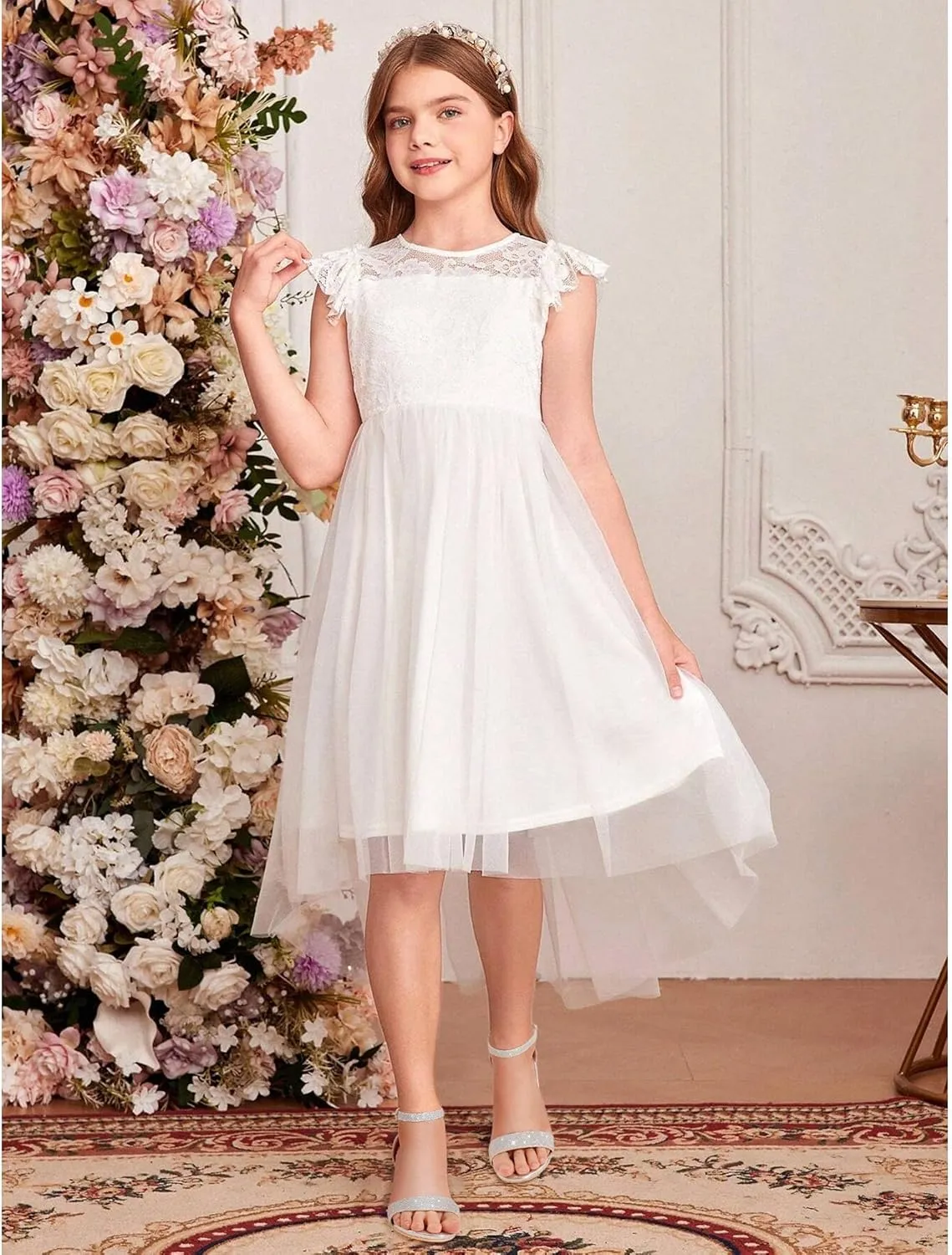 Girls Heel Sandals Open Toe Ankle Strap Flower Girl Dress Pump Sandals Wedding Party for Little Big Kid