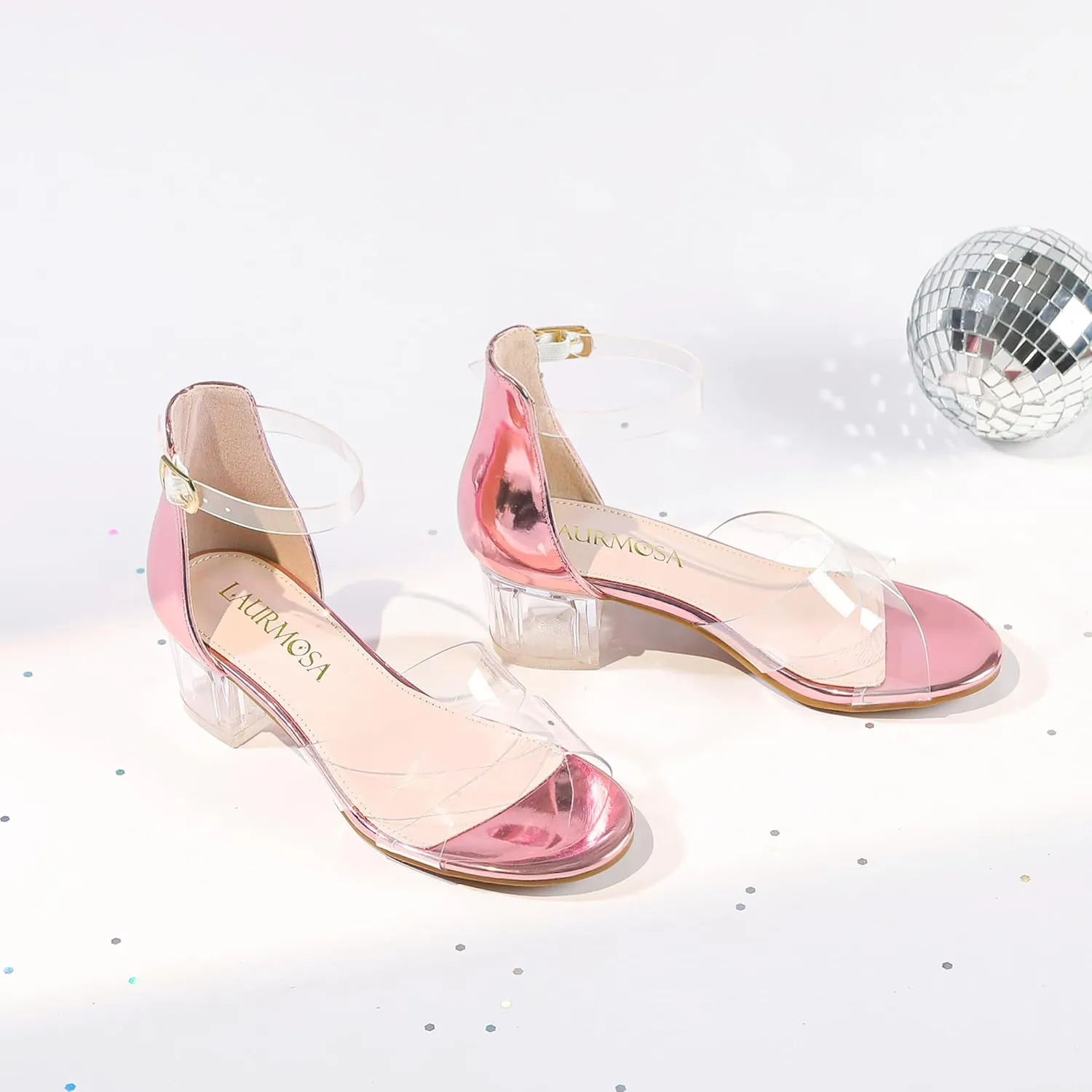 Girls Sandals Open Toe High Heels Fancy Dress Shoes Ankle Strap Chunky Block Heels Flower Girls Wedding Party Dressy Shoes for Toddler Little Big Kids