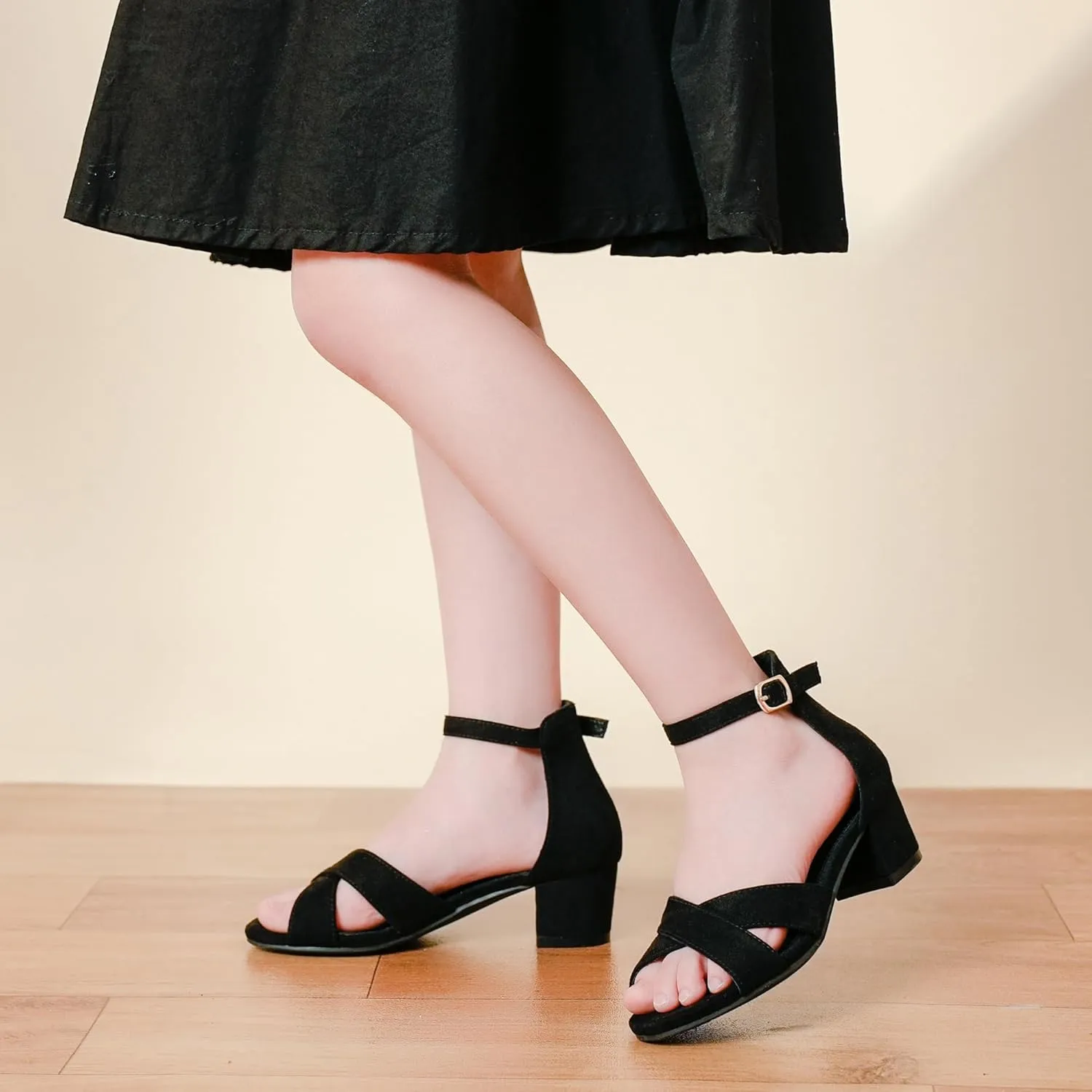 Girls Sandals Open Toe High Heels Fancy Dress Shoes Ankle Strap Chunky Block Heels Flower Girls Wedding Party Dressy Shoes for Toddler Little Big Kids