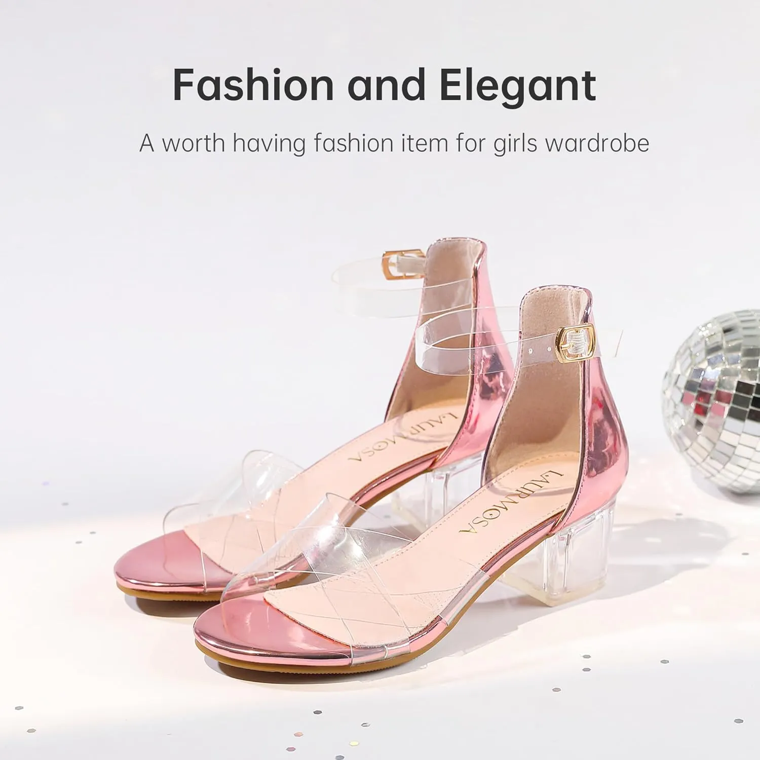 Girls Sandals Open Toe High Heels Fancy Dress Shoes Ankle Strap Chunky Block Heels Flower Girls Wedding Party Dressy Shoes for Toddler Little Big Kids