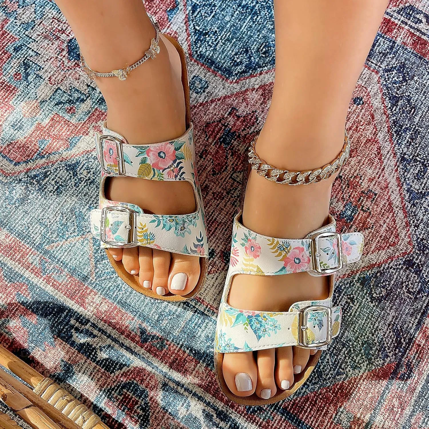 Glory Women's Slide Sandals Cork Footbed Double Buckle