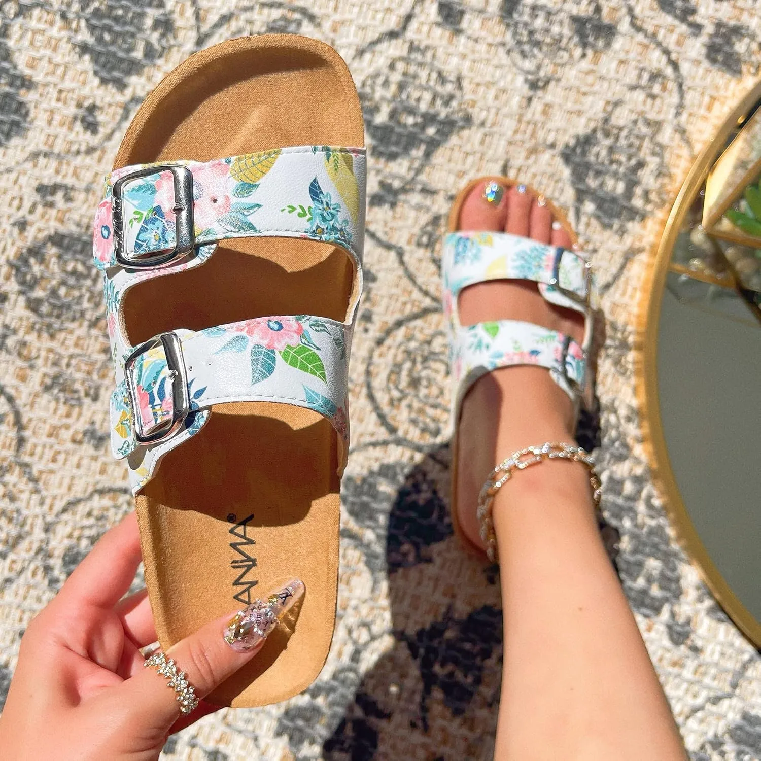 Glory Women's Slide Sandals Cork Footbed Double Buckle