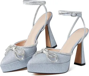 Goiphrri Platform Ankle Strap High Heeled Lace Up Pumps Sandals Ankle Buckle Straps Pump Rhinestone Stilettos Bowknots Wedding Sandals