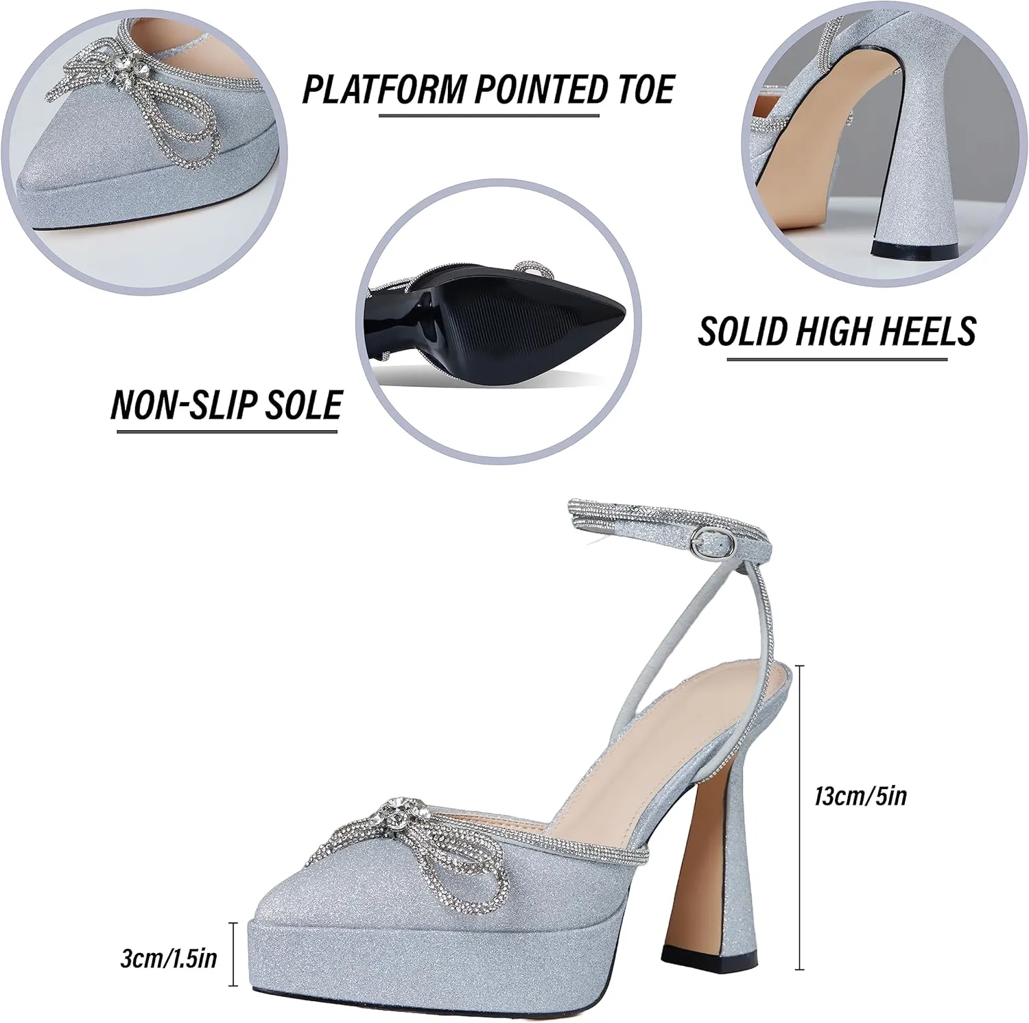 Goiphrri Platform Ankle Strap High Heeled Lace Up Pumps Sandals Ankle Buckle Straps Pump Rhinestone Stilettos Bowknots Wedding Sandals