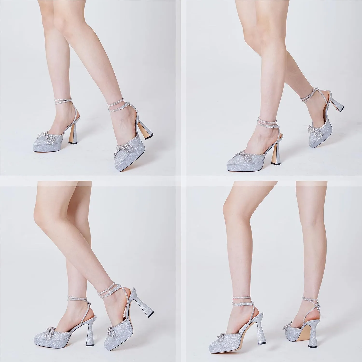 Goiphrri Platform Ankle Strap High Heeled Lace Up Pumps Sandals Ankle Buckle Straps Pump Rhinestone Stilettos Bowknots Wedding Sandals