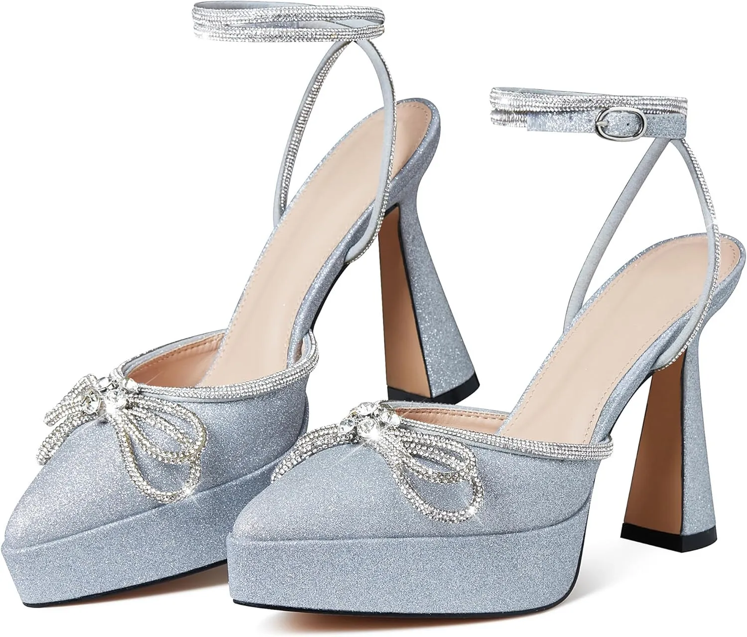 Goiphrri Platform Ankle Strap High Heeled Lace Up Pumps Sandals Ankle Buckle Straps Pump Rhinestone Stilettos Bowknots Wedding Sandals