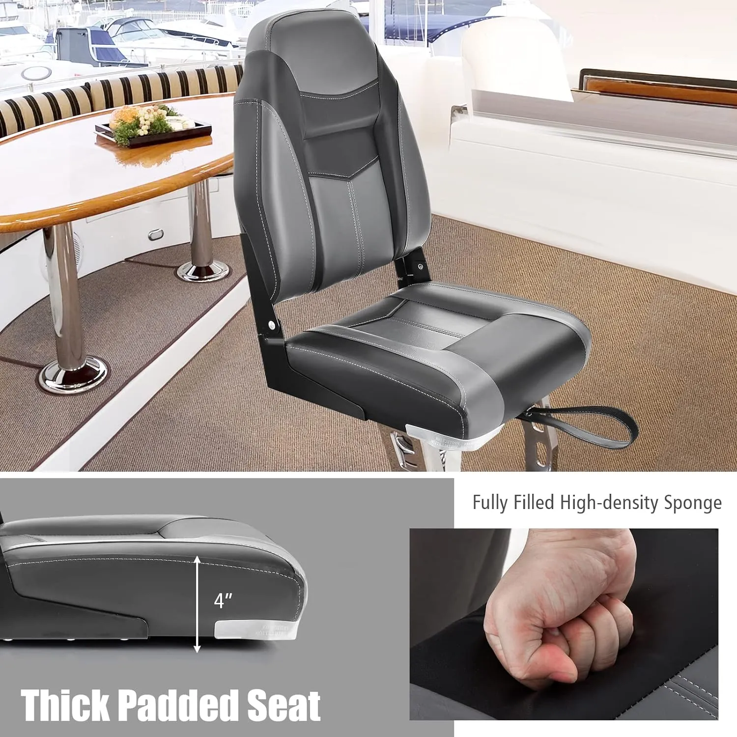 Goplus Low/High Back Boat Seats, Folding Boat Seat with Stainless Steel Screws & Aluminum Hinges, Thickened Sponge Padding, Waterproof Fishing Captain Boat Seats (1 Pack Dark Gray & Black)