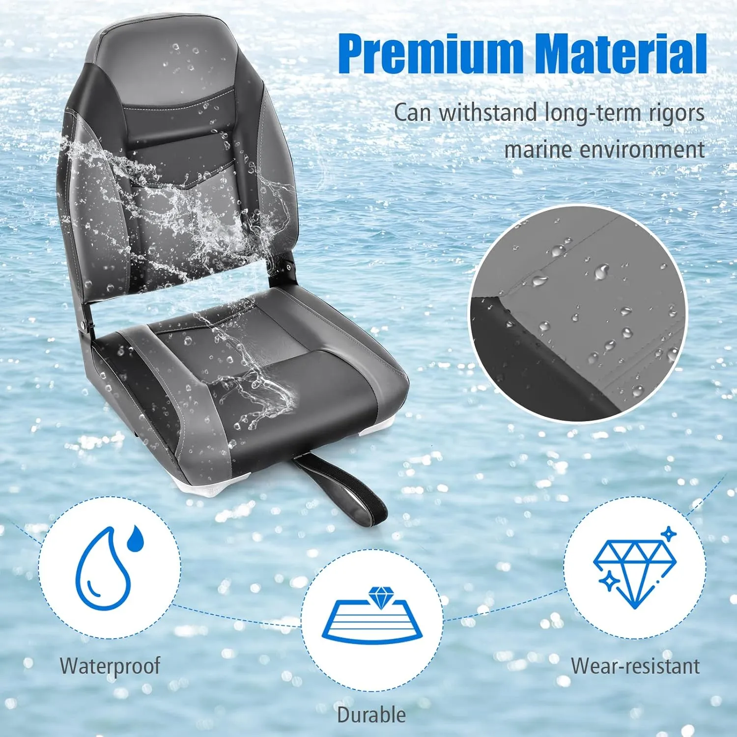 Goplus Low/High Back Boat Seats, Folding Boat Seat with Stainless Steel Screws & Aluminum Hinges, Thickened Sponge Padding, Waterproof Fishing Captain Boat Seats (1 Pack Dark Gray & Black)