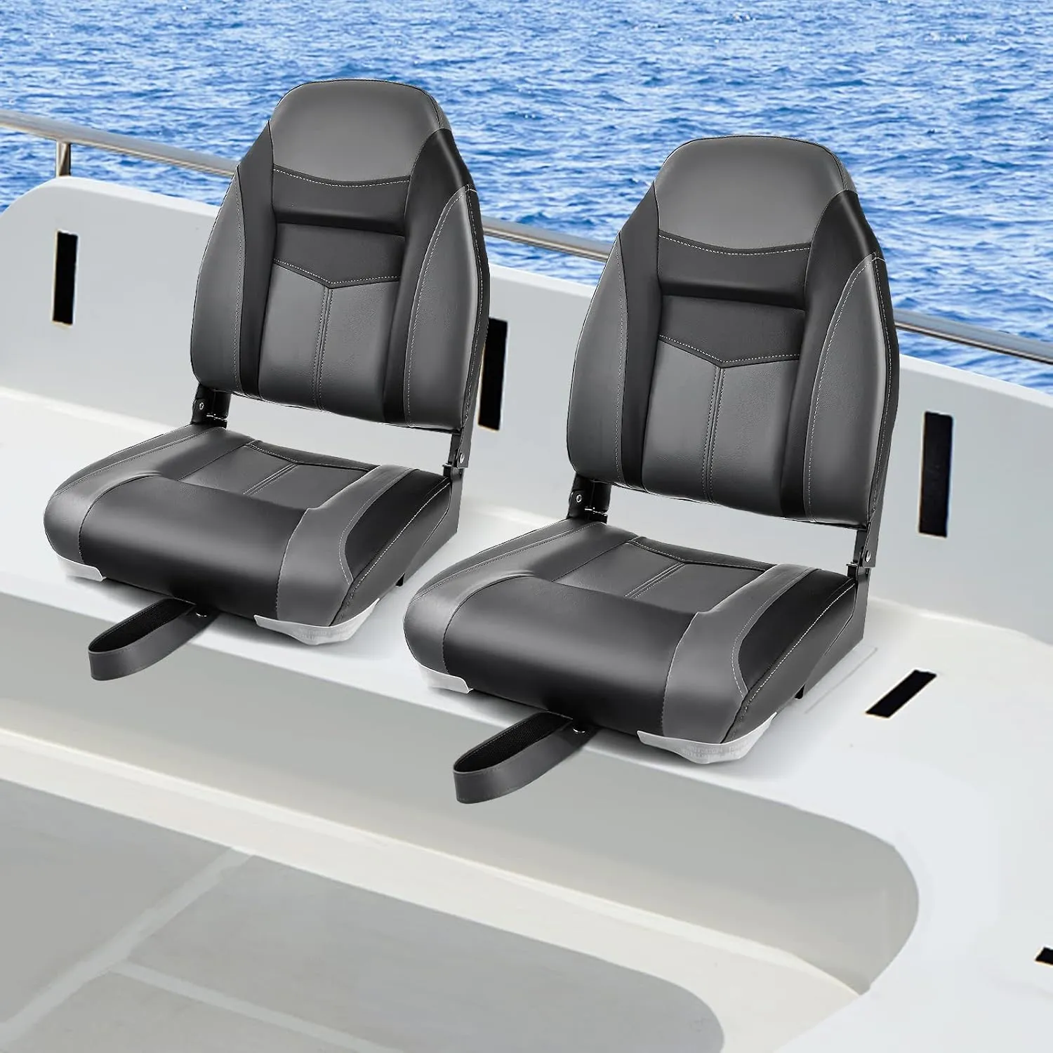Goplus Low/High Back Boat Seats, Folding Boat Seat with Stainless Steel Screws & Aluminum Hinges, Thickened Sponge Padding, Waterproof Fishing Captain Boat Seats (1 Pack Dark Gray & Black)