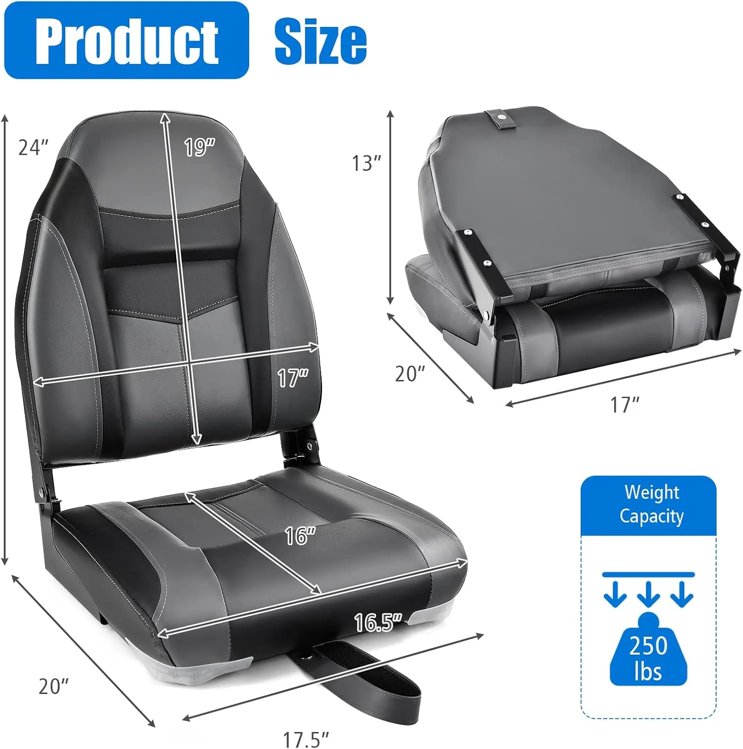 Goplus Low/High Back Boat Seats, Folding Boat Seat with Stainless Steel Screws & Aluminum Hinges, Thickened Sponge Padding, Waterproof Fishing Captain Boat Seats (1 Pack Dark Gray & Black)