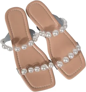 GORGLITTER Women's Pearl Clear Sandals Two Strap Summer Open Toe Slides Sandals
