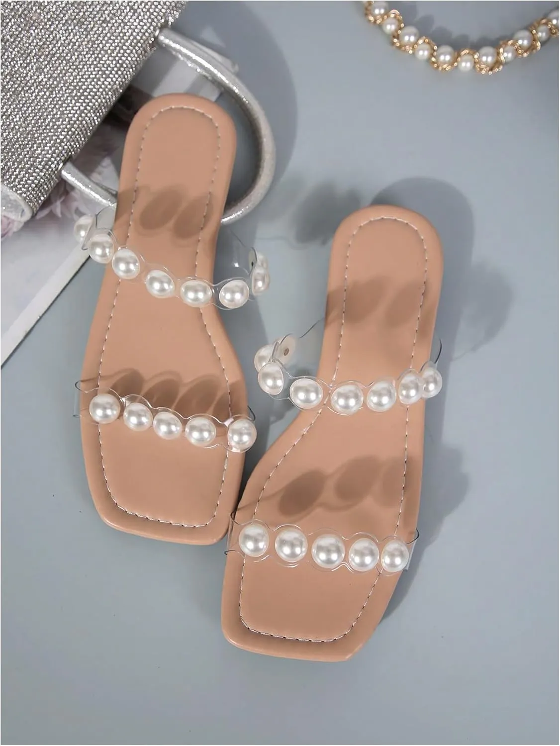 GORGLITTER Women's Pearl Clear Sandals Two Strap Summer Open Toe Slides Sandals