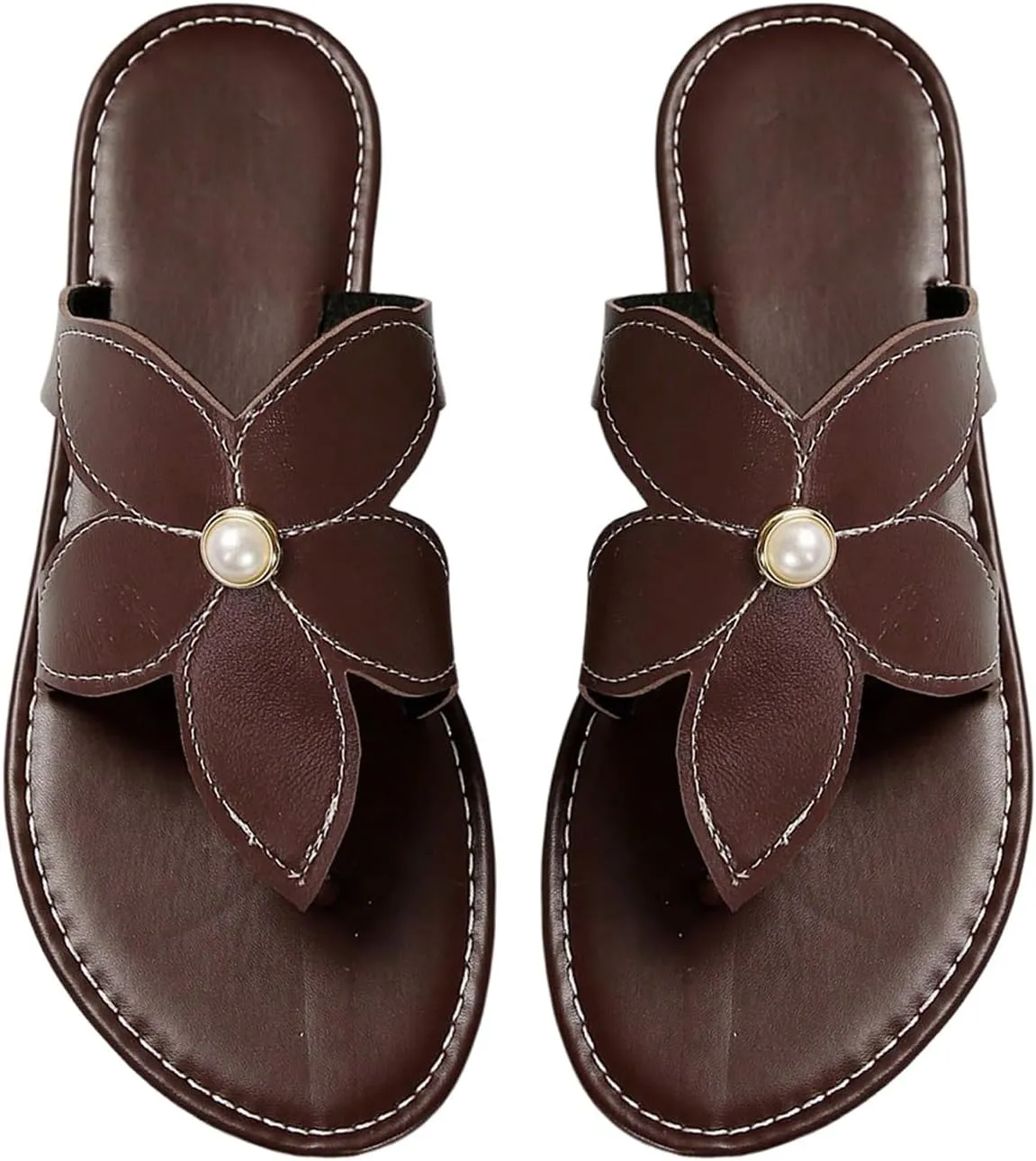 GORGLITTER Women's Pearls Floral Thong Sandals Open Toe Flip Flops Pu Leather Dressy Slippers
