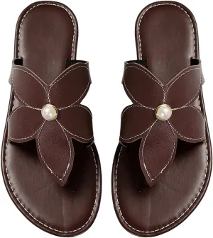 GORGLITTER Women's Pearls Floral Thong Sandals Open Toe Flip Flops Pu Leather Dressy Slippers