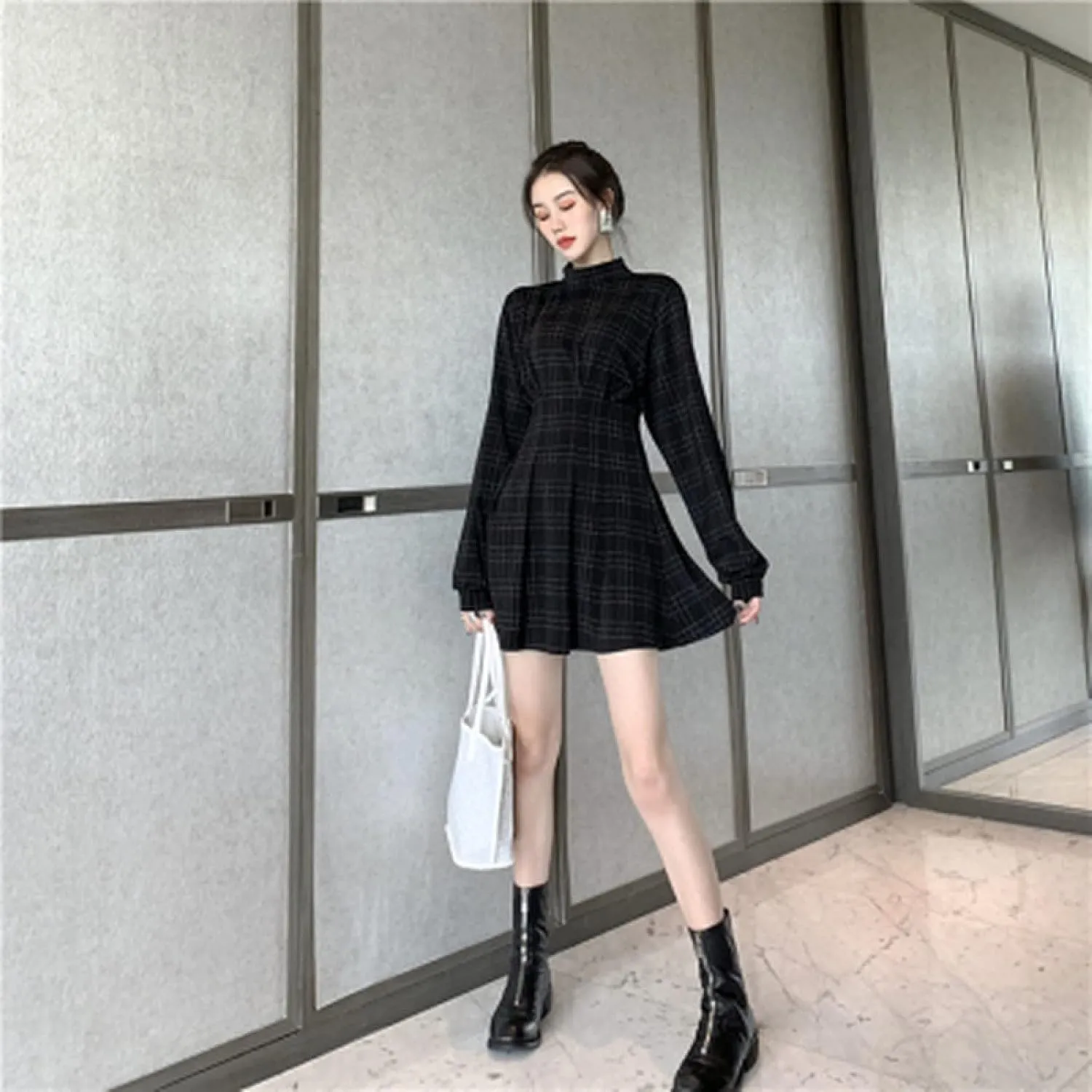 Goth Long Sleeve Dress Gothic Harajuku Vintage Plaid Wrap Balck Mini Dress Retro Pleated Punk Long Sleeve Dark