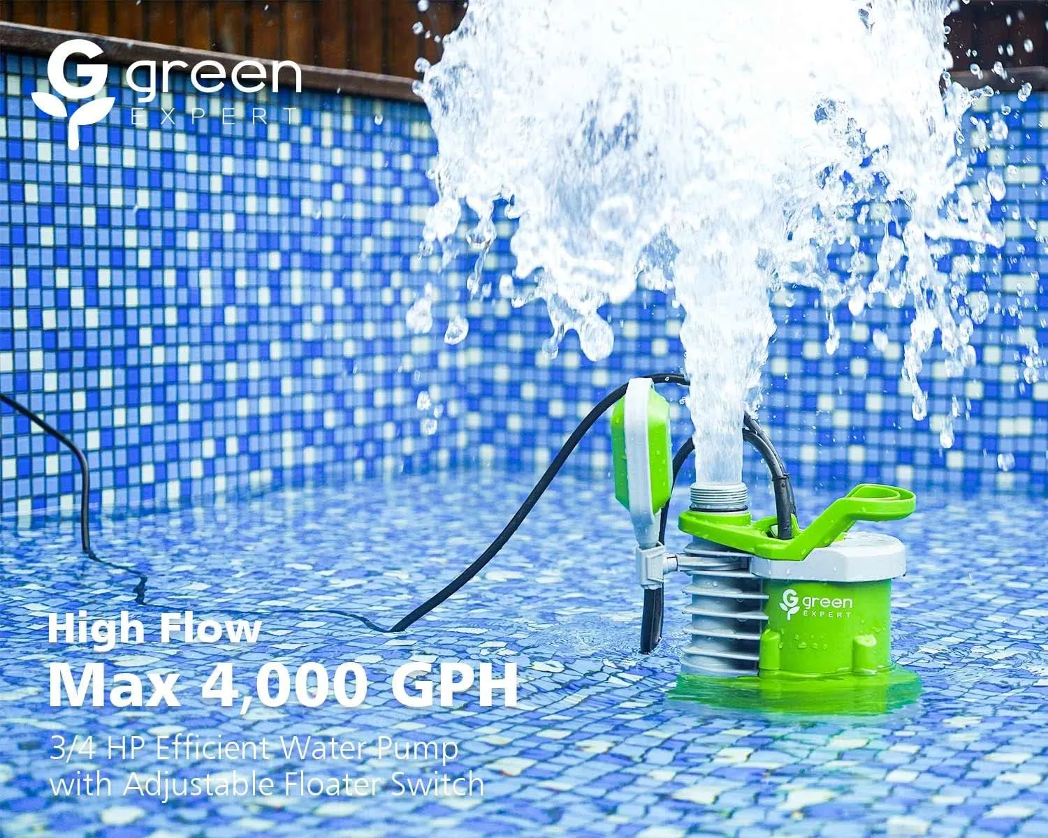 Green Expert 3/4HP Submersible Sump Pump Max 4000GPH High Flow 25-Foot Power Cord Manual Automatic On Off Adjustable Float Switch for Quickly Water Removal from Pools Hot Tub Flooded House Wells
