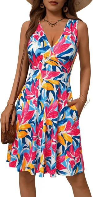 GUBERRY Womens Wrap V Neck Sleeveless Sundress Summer Flare Tank Dress with Pockets …