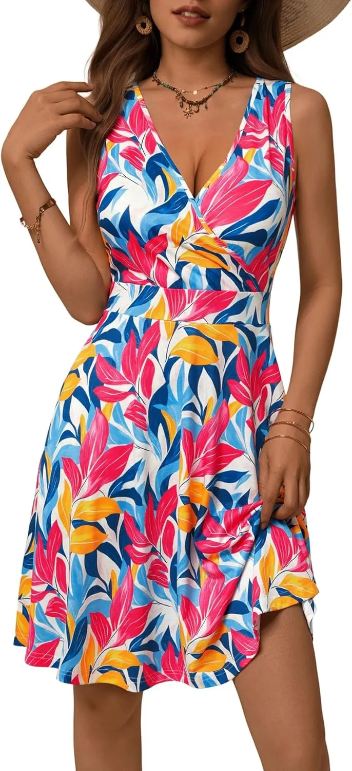 GUBERRY Womens Wrap V Neck Sleeveless Sundress Summer Flare Tank Dress with Pockets …