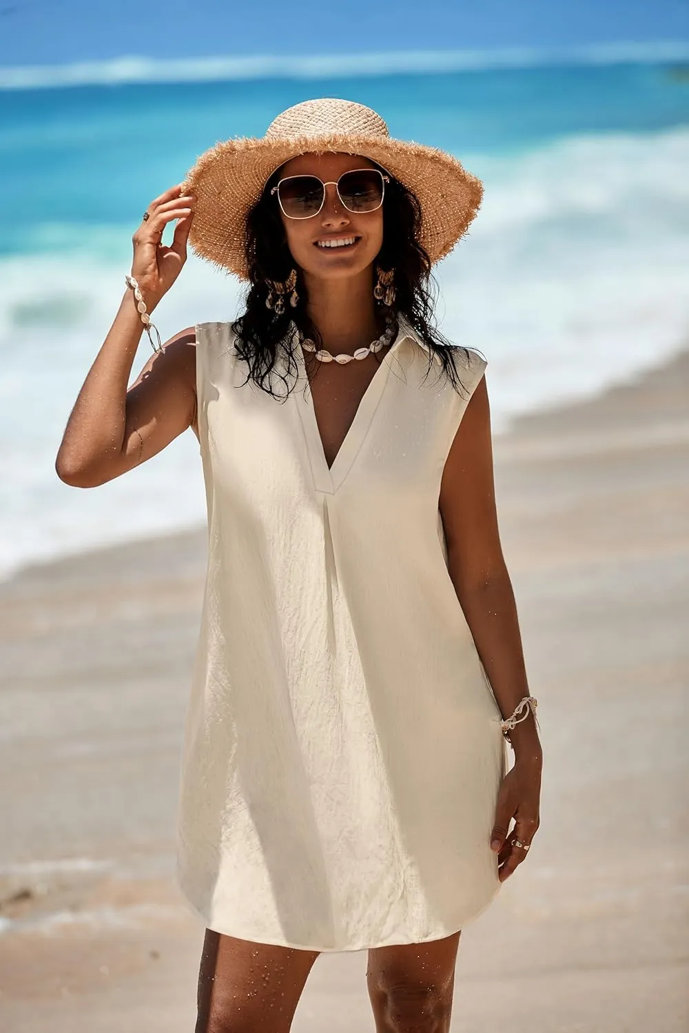 Halife Womens Sleeveless Swimsuit Coverup V Neck Bathing Suit Cover Ups Summer Swimwear Bikini Beach Cover Up Dress