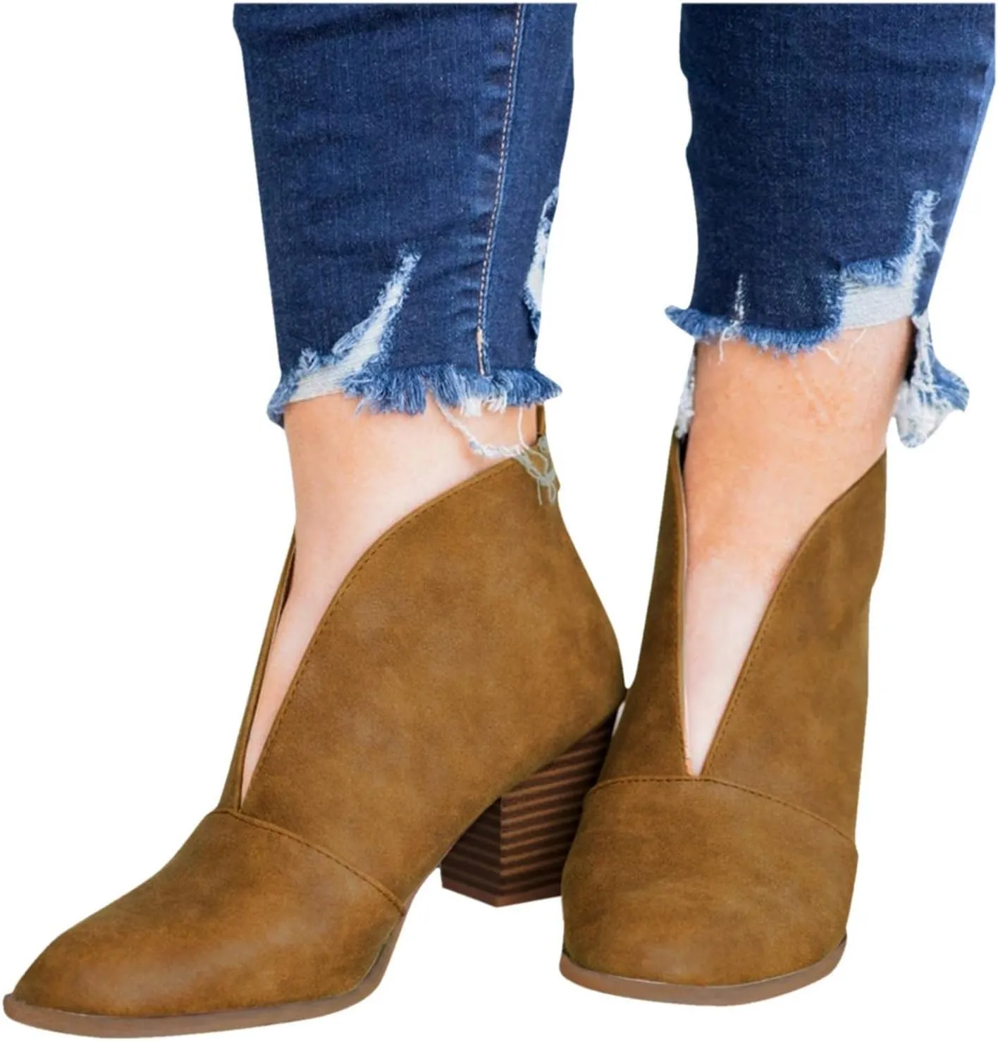 Hbeylia Dress Boots For Women Ladies Fashion Slouchy Leopard Design Solid Color Leather Deep V Cut Round Toe Chunky Block High Heels Slip On Ankle Booties Winter Fall Short Boots For Wedding Christmas