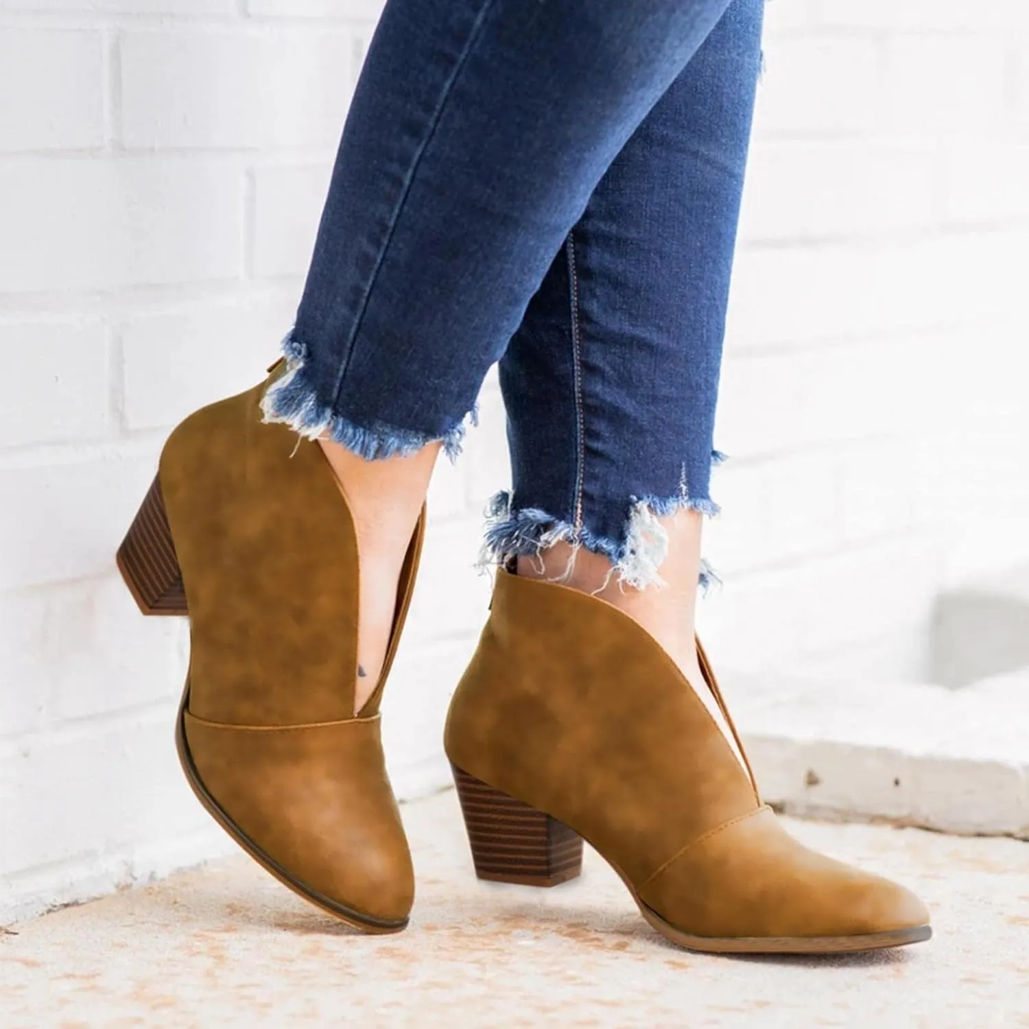 Hbeylia Dress Boots For Women Ladies Fashion Slouchy Leopard Design Solid Color Leather Deep V Cut Round Toe Chunky Block High Heels Slip On Ankle Booties Winter Fall Short Boots For Wedding Christmas