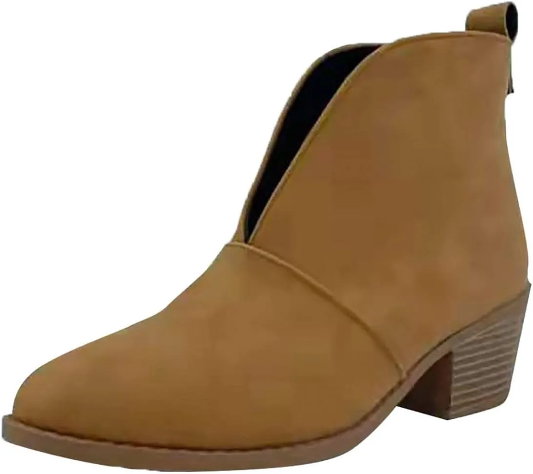 Hbeylia Dress Boots For Women Ladies Fashion Slouchy Leopard Design Solid Color Leather Deep V Cut Round Toe Chunky Block High Heels Slip On Ankle Booties Winter Fall Short Boots For Wedding Christmas