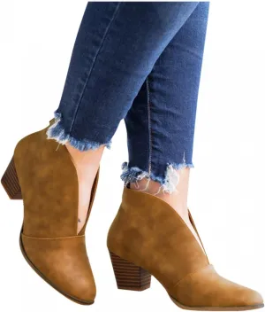 Hbeylia Dress Boots For Women Ladies Fashion Slouchy Leopard Design Solid Color Leather Deep V Cut Round Toe Chunky Block High Heels Slip On Ankle Booties Winter Fall Short Boots For Wedding Christmas