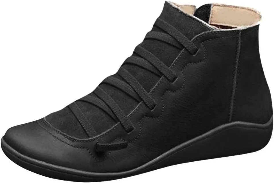 Hbeylia Women's Fashion Sneaker Booties Casual Leather Lace Up Ankle Boots Walking Shoes Vintage Retro Round Toe Side Zip Flat Short Boots For Women Men Ladies
