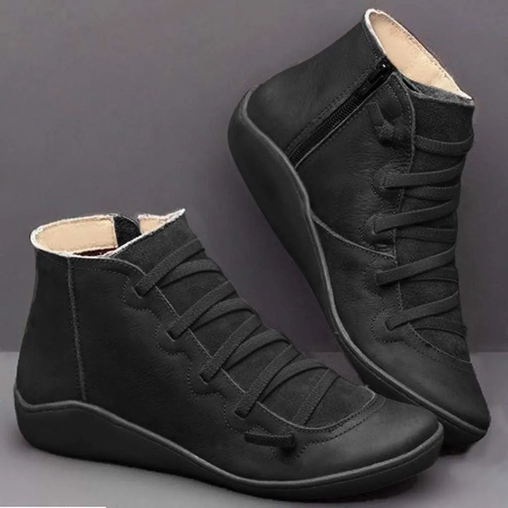 Hbeylia Women's Fashion Sneaker Booties Casual Leather Lace Up Ankle Boots Walking Shoes Vintage Retro Round Toe Side Zip Flat Short Boots For Women Men Ladies