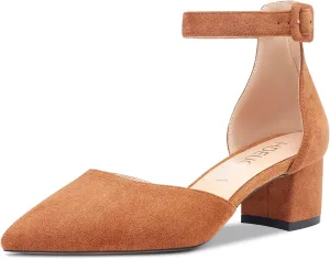 HDEUOLM Women Kitten Block Heels Ankle Strap Pumps Closed Toe Low Chunky Heel Sandals Basic Shoes