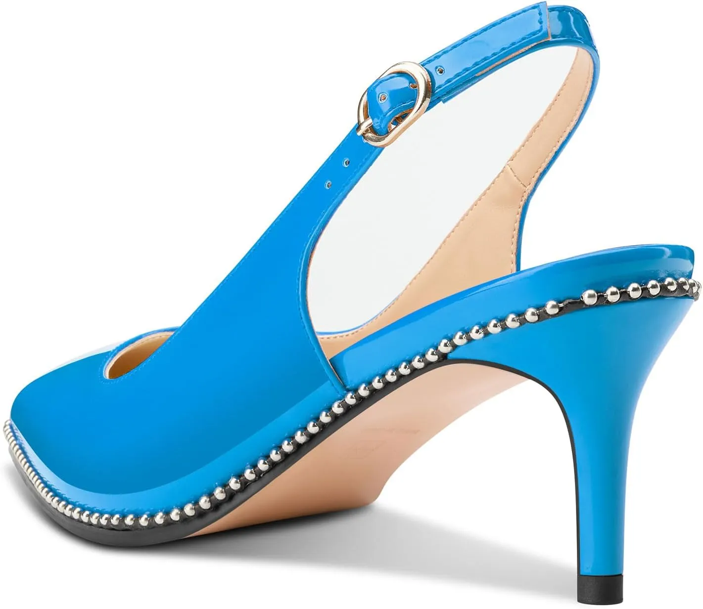 HDEUOLM Womens Mid Kitten Heel Pointed Toe Beaded Sandals Pumps Slingback Wedding Cute Patent Leather Summer 2.4 Inches Heels